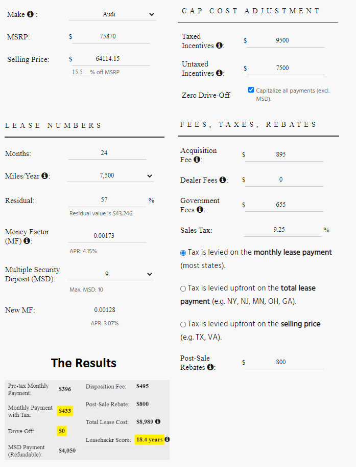 Leasehackr Calculator Calculating Car Lease Payment